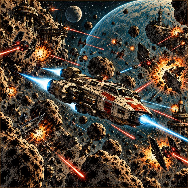 A freighter holding its line through a dense asteroid field under crossfire, past stations built into the rocks