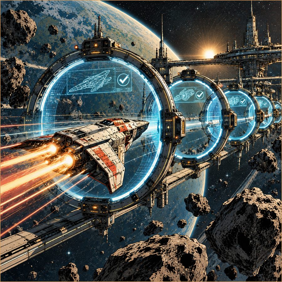 A ship under full burn passing through a line of lit gates, each checking its plans against the build and clearing it before the next