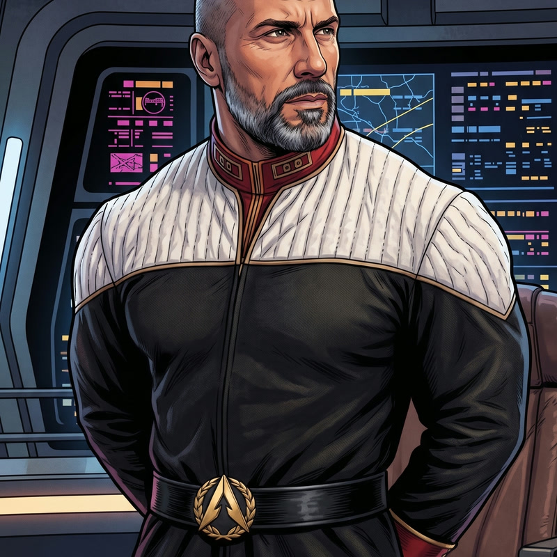 The founder drawn as a captain on his own bridge, standing in front of the panels the ship is run from