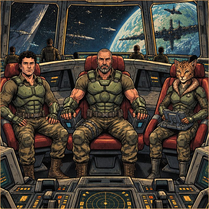 A ship crew of three at their stations on the bridge, crews working the consoles behind them and a planet and passing traffic beyond the windows