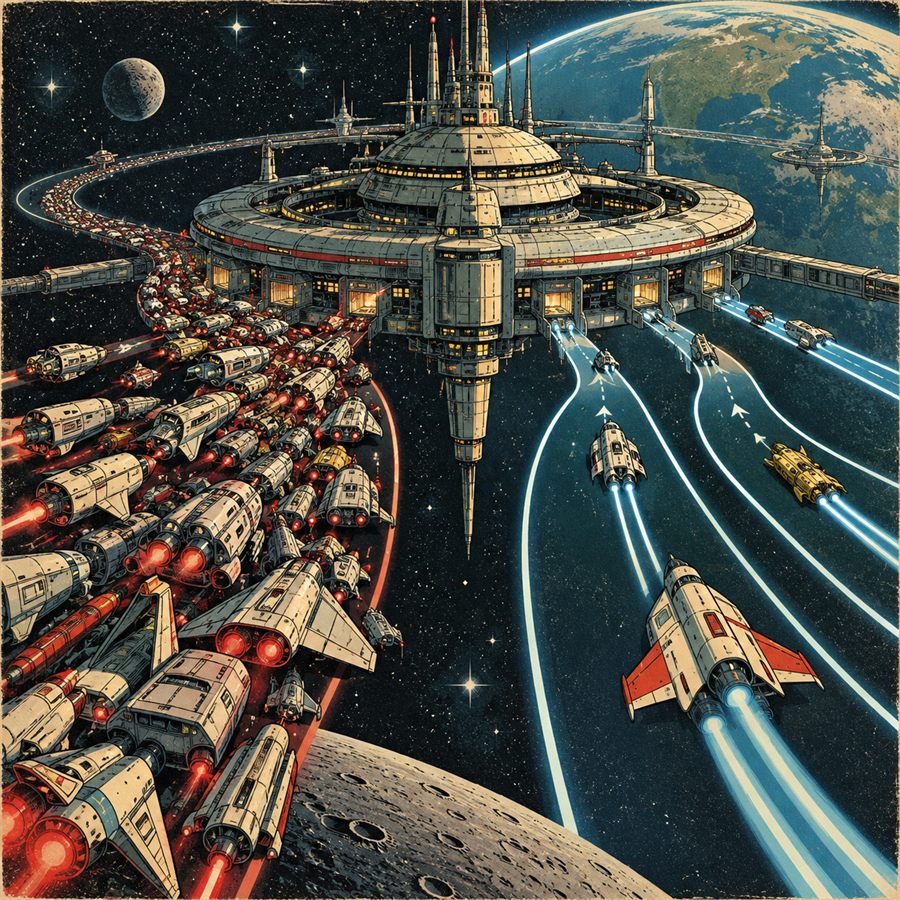 A queue of ships crawling into a space station on one side while others run free on open lanes on the other